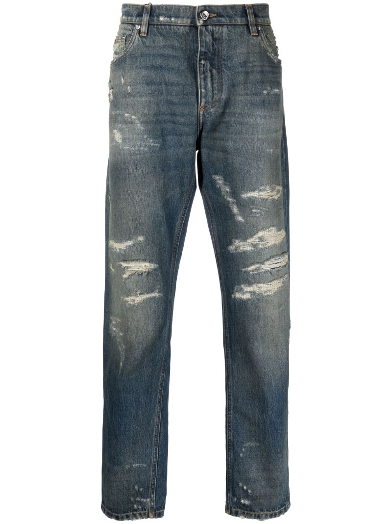 Blue Distressed Straight Leg Jeans