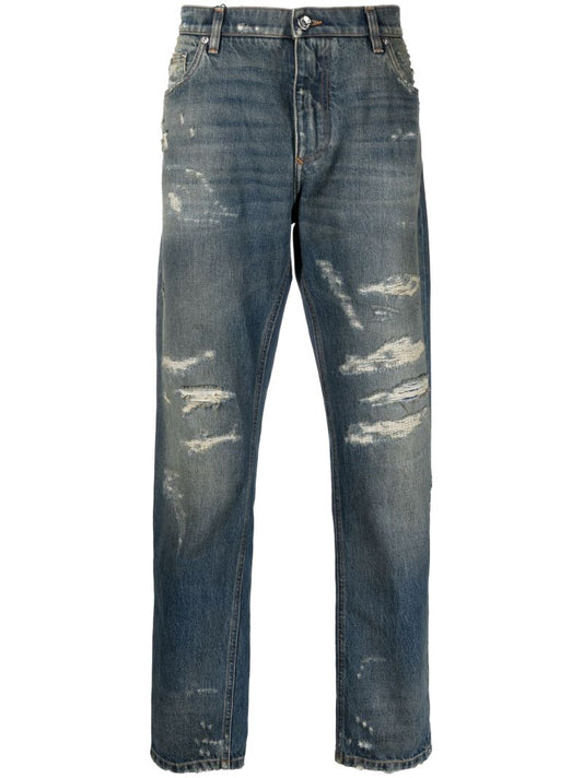 Blue Distressed Straight Leg Jeans