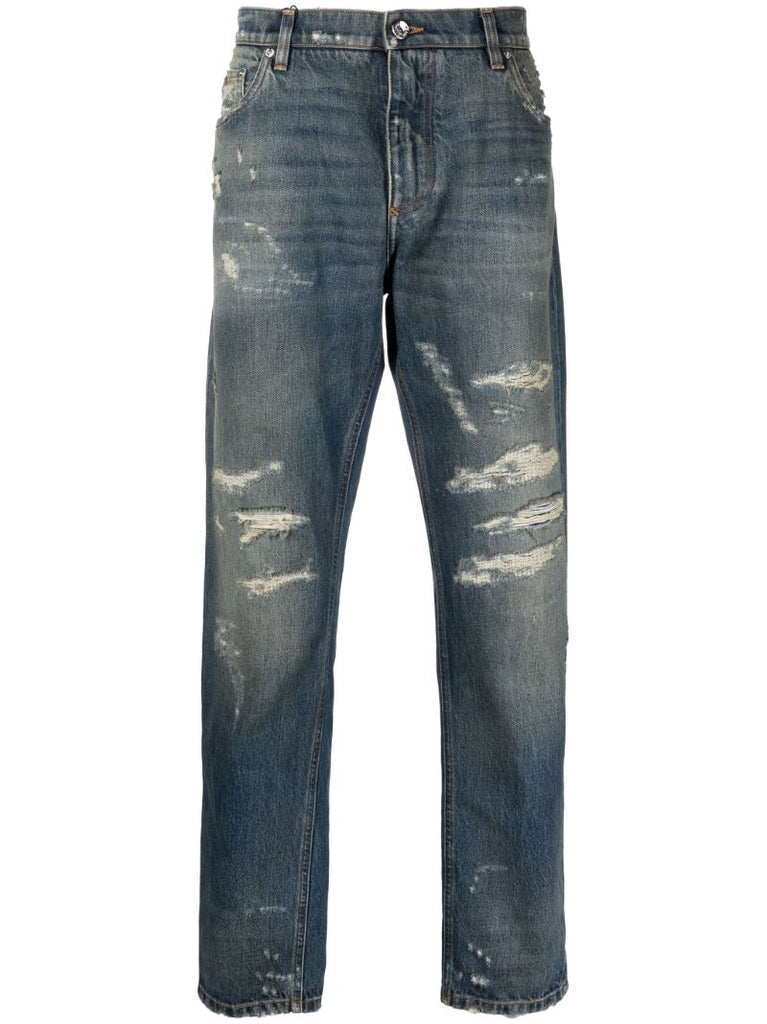 Blue Distressed Straight Leg Jeans