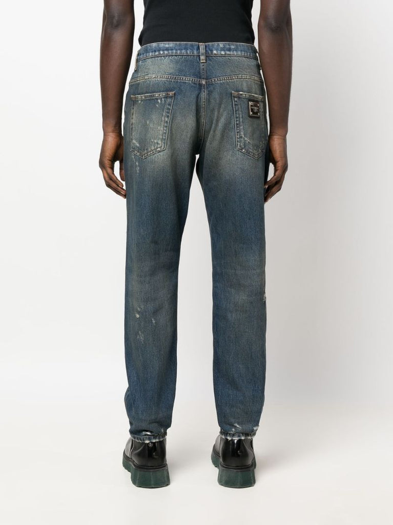 Blue Distressed Straight Leg Jeans