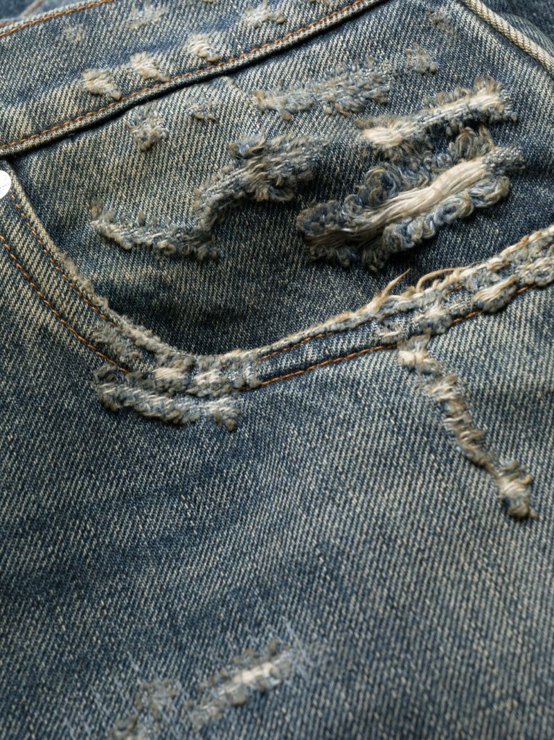 Blue Distressed Straight Leg Jeans