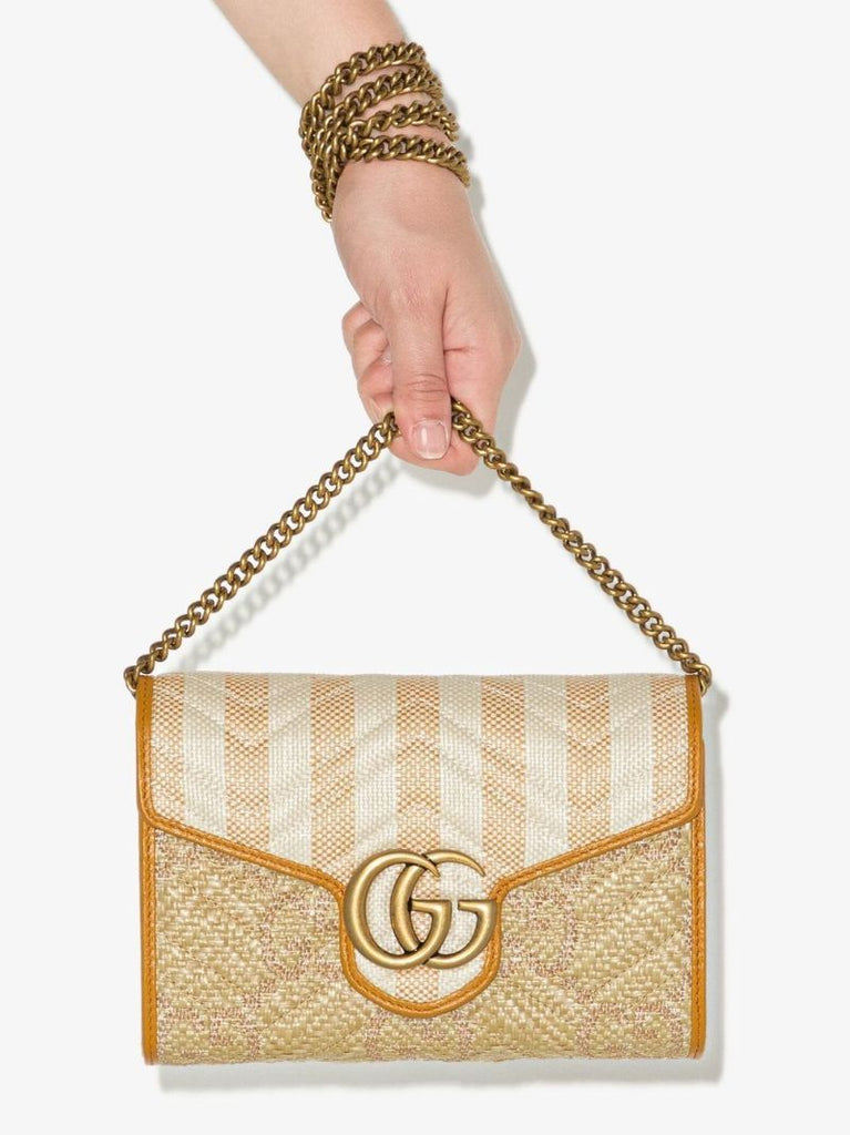 Neutral Gg Marmont Woven Striped Chain Wallet