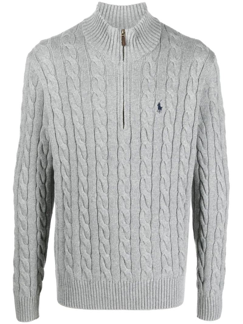 Grey Polo Pony Cable-knit Sweater