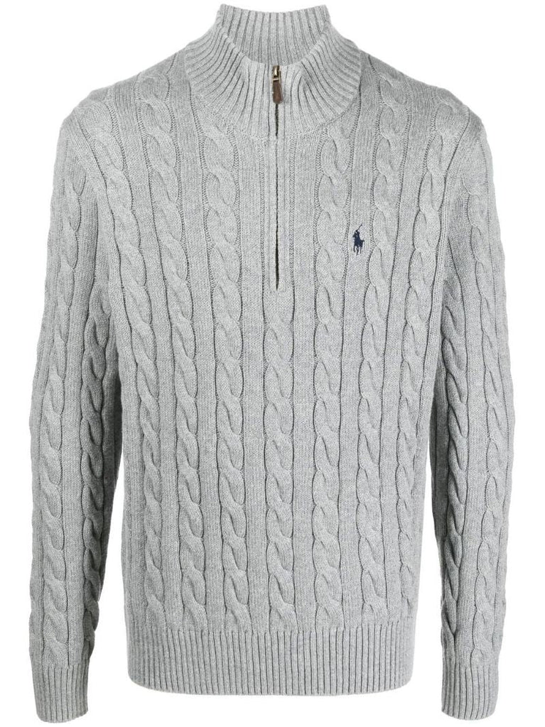 Grey Polo Pony Cable-knit Sweater