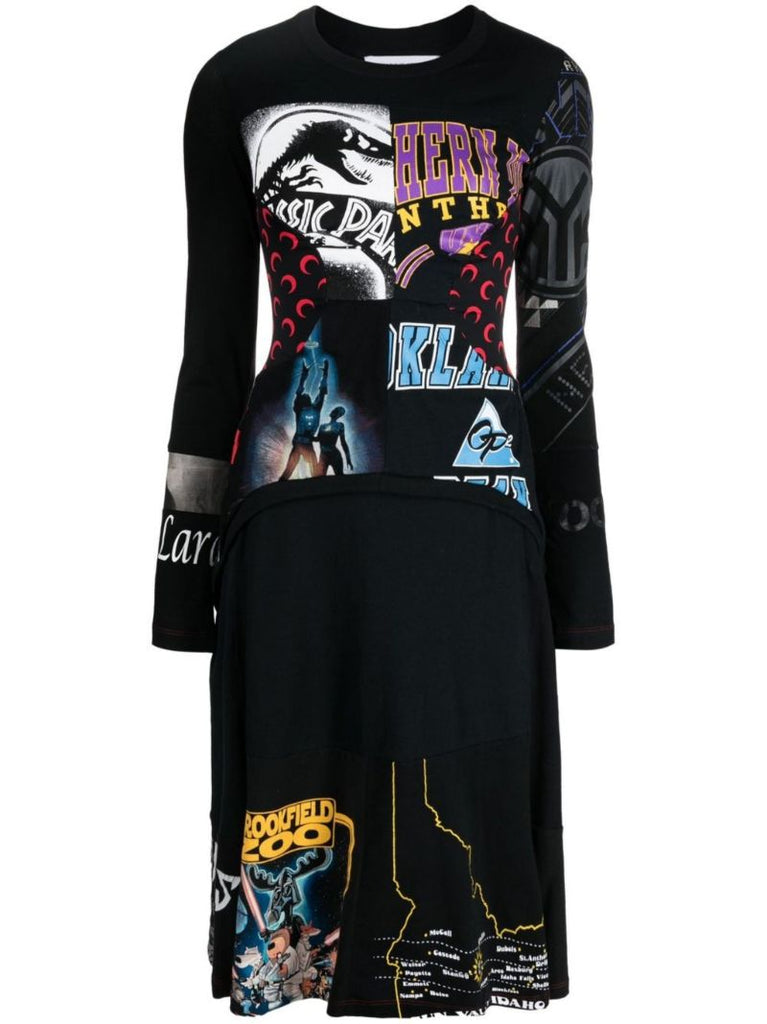 Black Draped Graphic Cotton T-shirt Dress