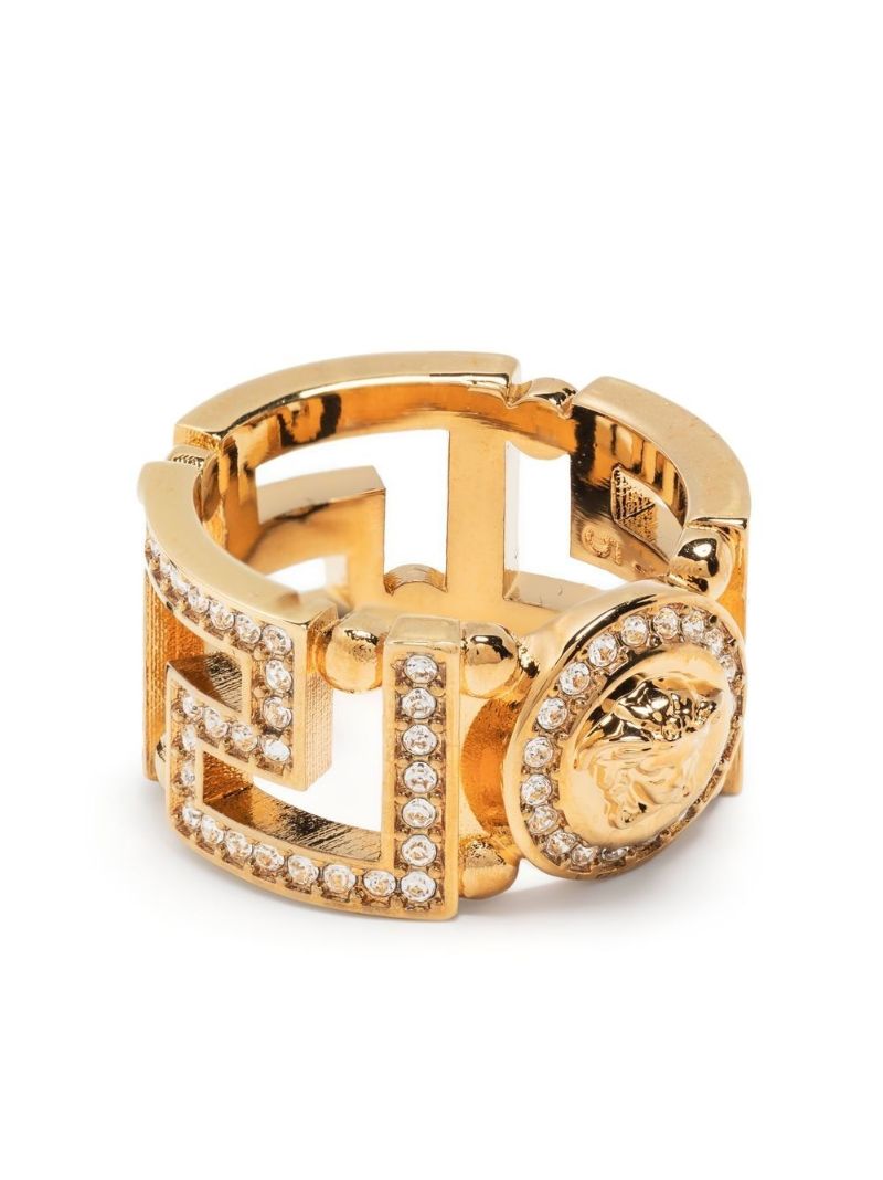 Gold Tone Medusa Greca Crystal Ring