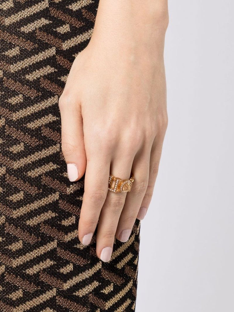Gold Tone Medusa Greca Crystal Ring