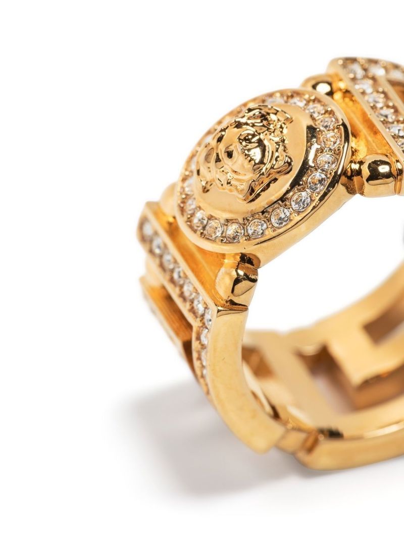 Gold Tone Medusa Greca Crystal Ring
