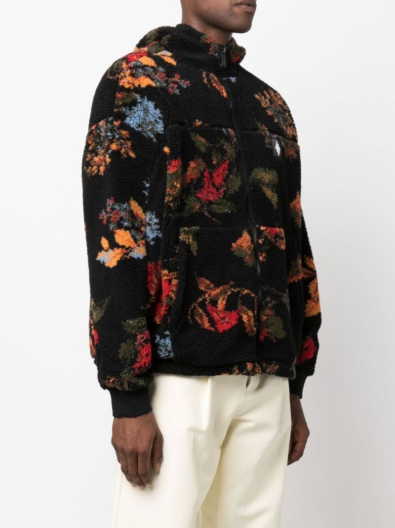 Black Floral Print Fleece Jacket