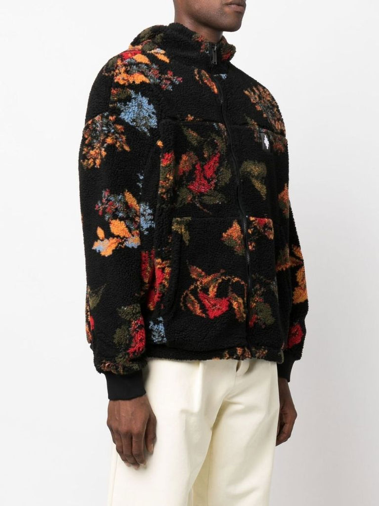 Black Floral Print Fleece Jacket