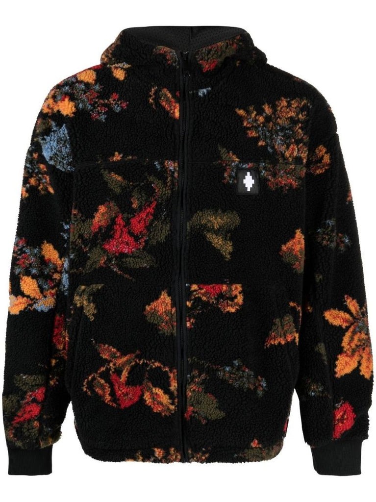 Black Floral Print Fleece Jacket