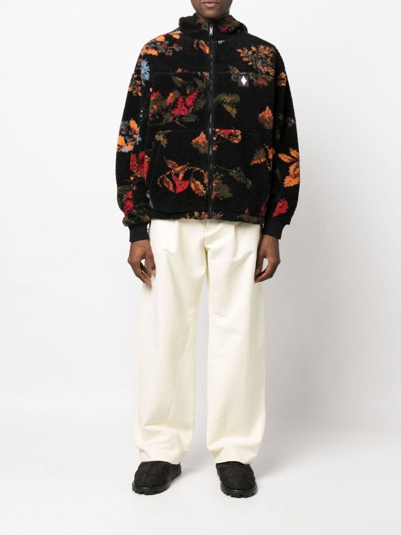 Black Floral Print Fleece Jacket
