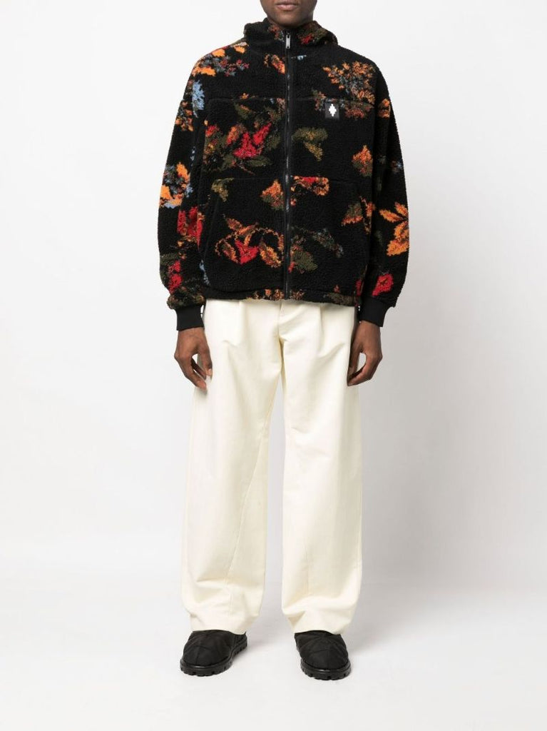 Black Floral Print Fleece Jacket