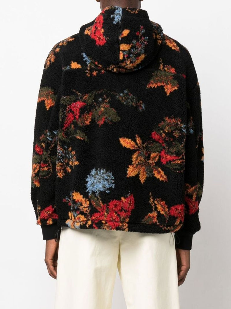Black Floral Print Fleece Jacket