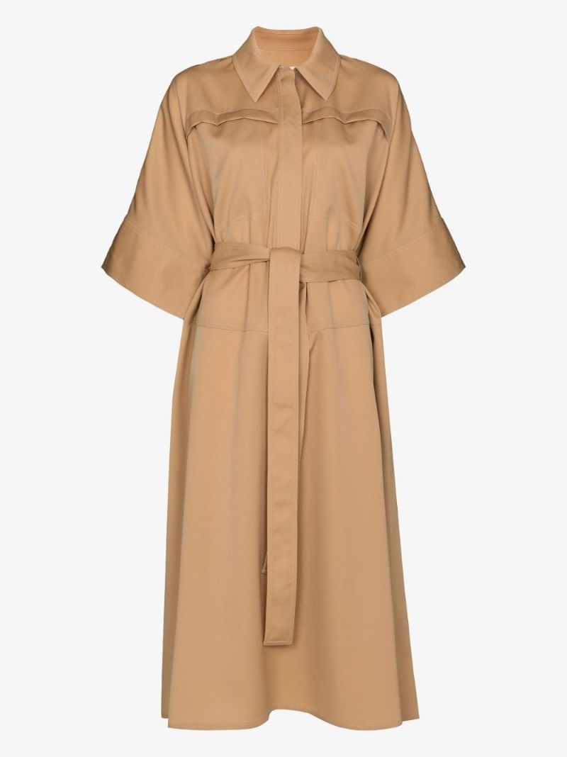 Neutral Belted Shirt Midi Dress