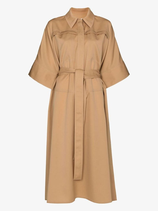 Neutral Belted Shirt Midi Dress