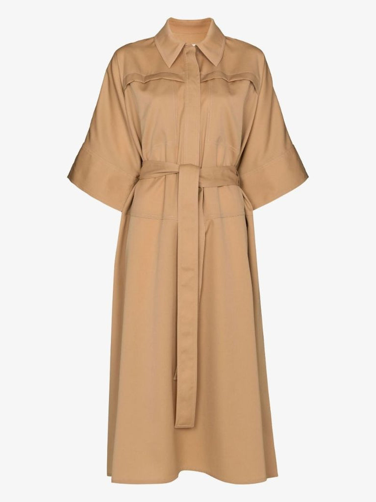 Neutral Belted Shirt Midi Dress