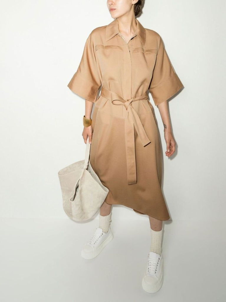 Neutral Belted Shirt Midi Dress