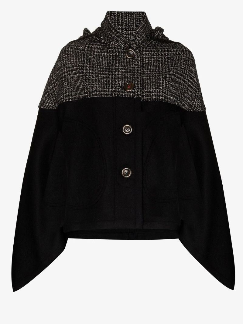 Black Checked Panel Hooded Cape