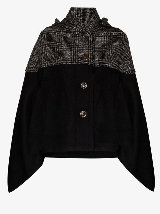 Black Checked Panel Hooded Cape