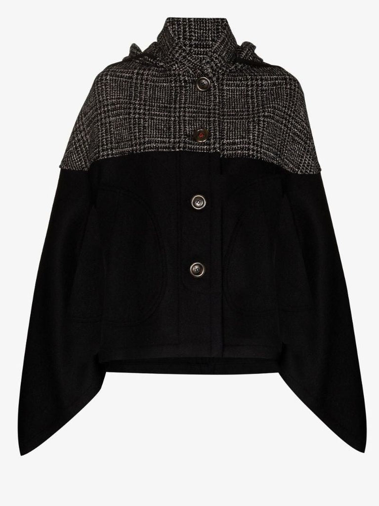 Black Checked Panel Hooded Cape