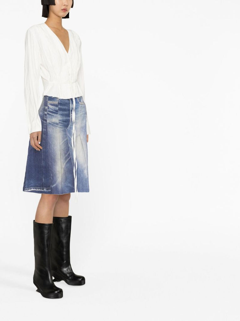 Blue Pleated A-line Denim Skirt