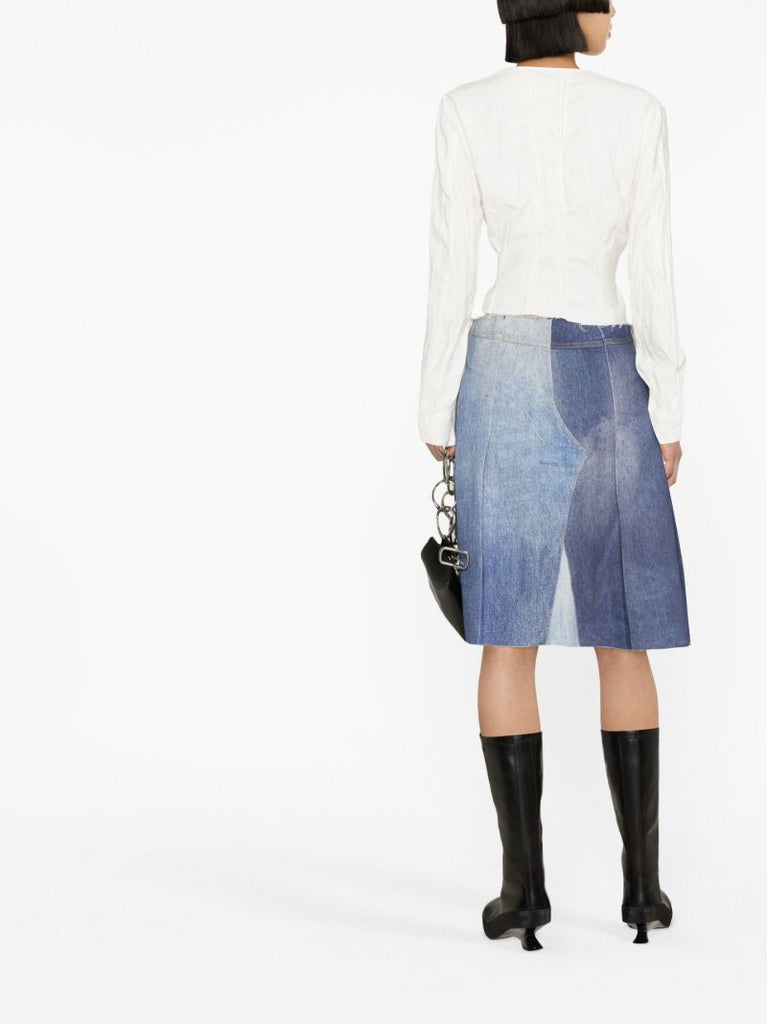 Blue Pleated A-line Denim Skirt