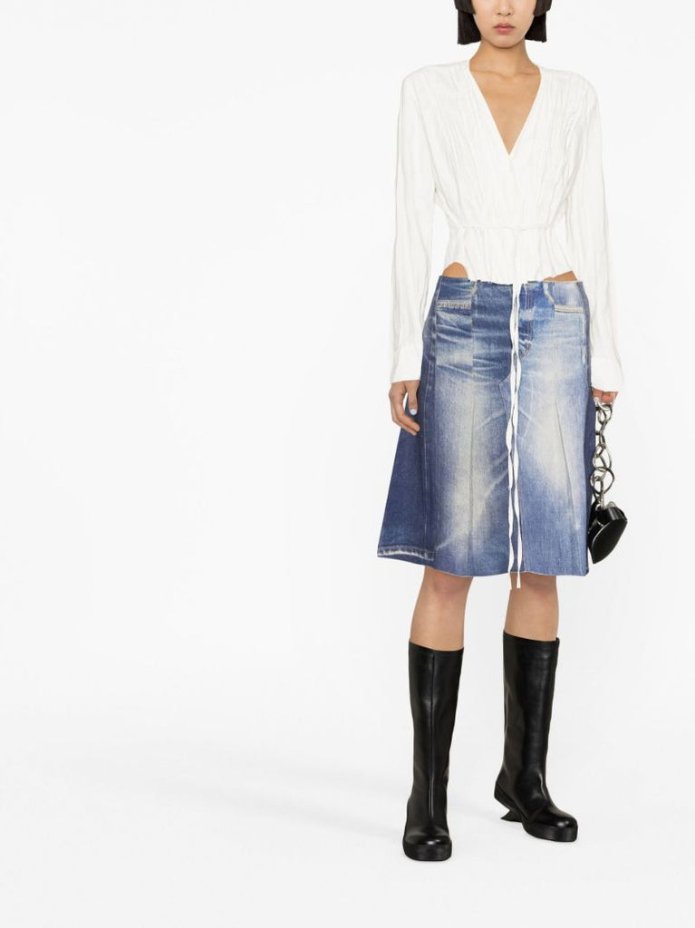 Blue Pleated A-line Denim Skirt