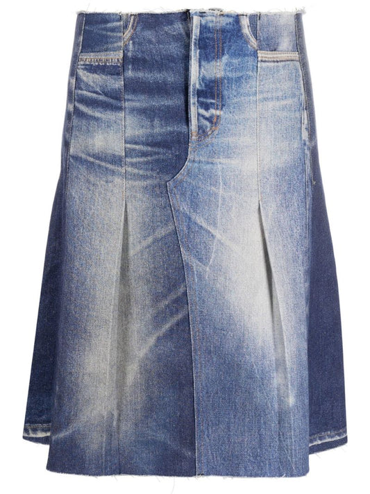 Blue Pleated A-line Denim Skirt