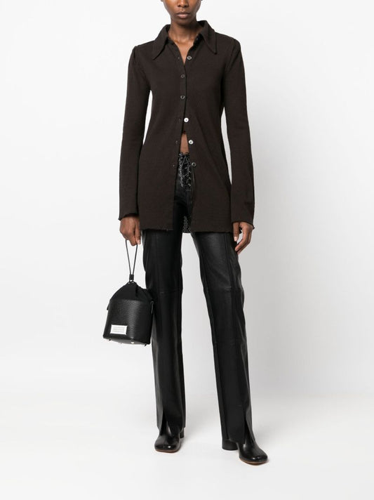 Brown Pointelle Knit Cotton Shirt