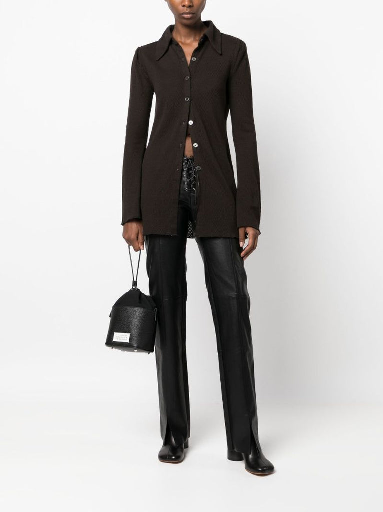 Brown Pointelle Knit Cotton Shirt