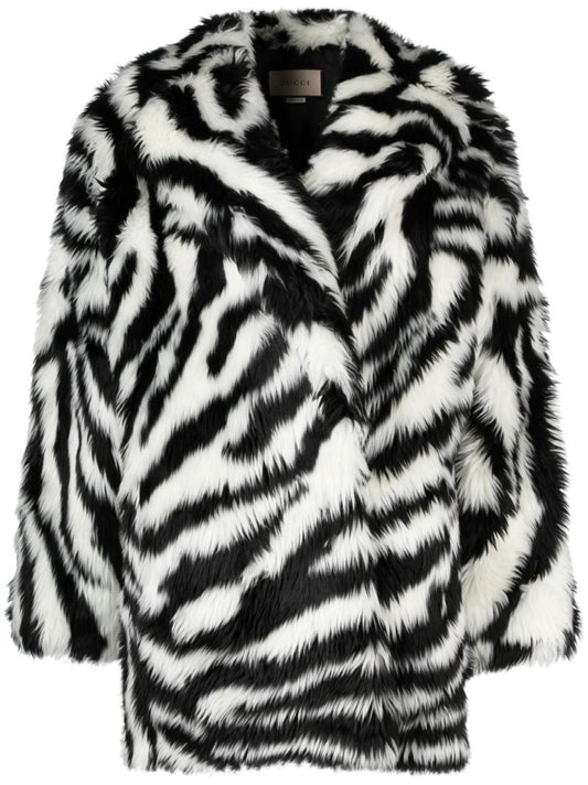 Black and White Zebra Print Faux Fur Coat