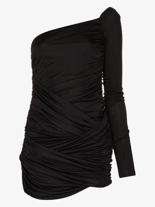 Black Valmeira Ruched One Shoulder Mini Dress