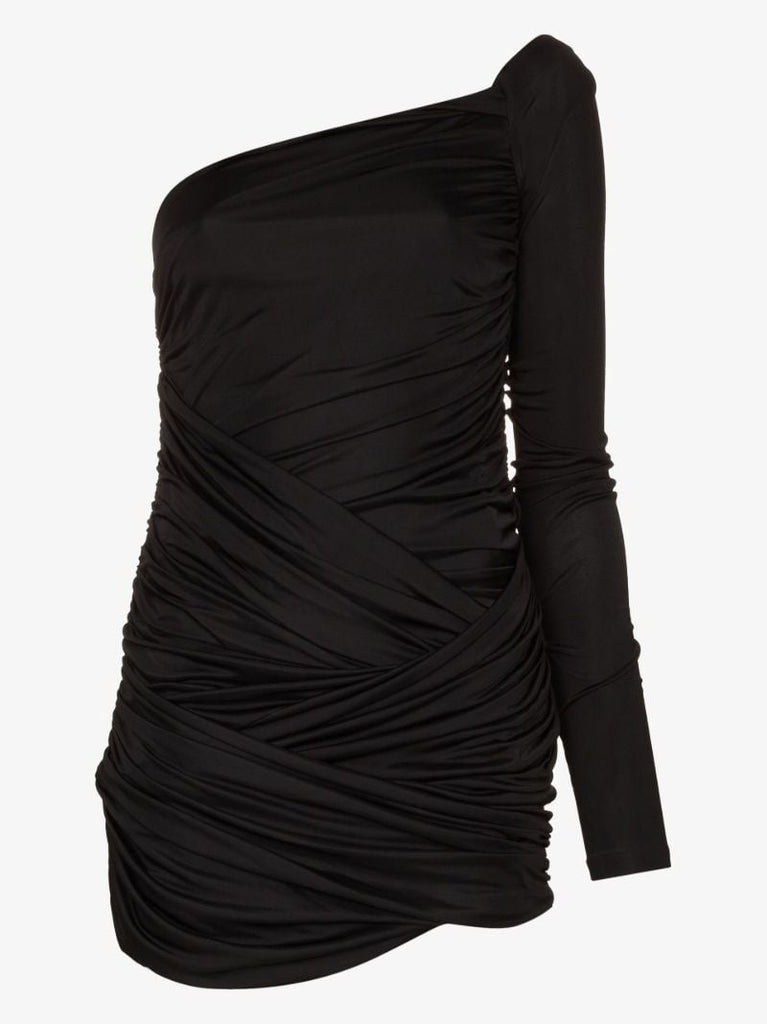 Black Valmeira Ruched One Shoulder Mini Dress