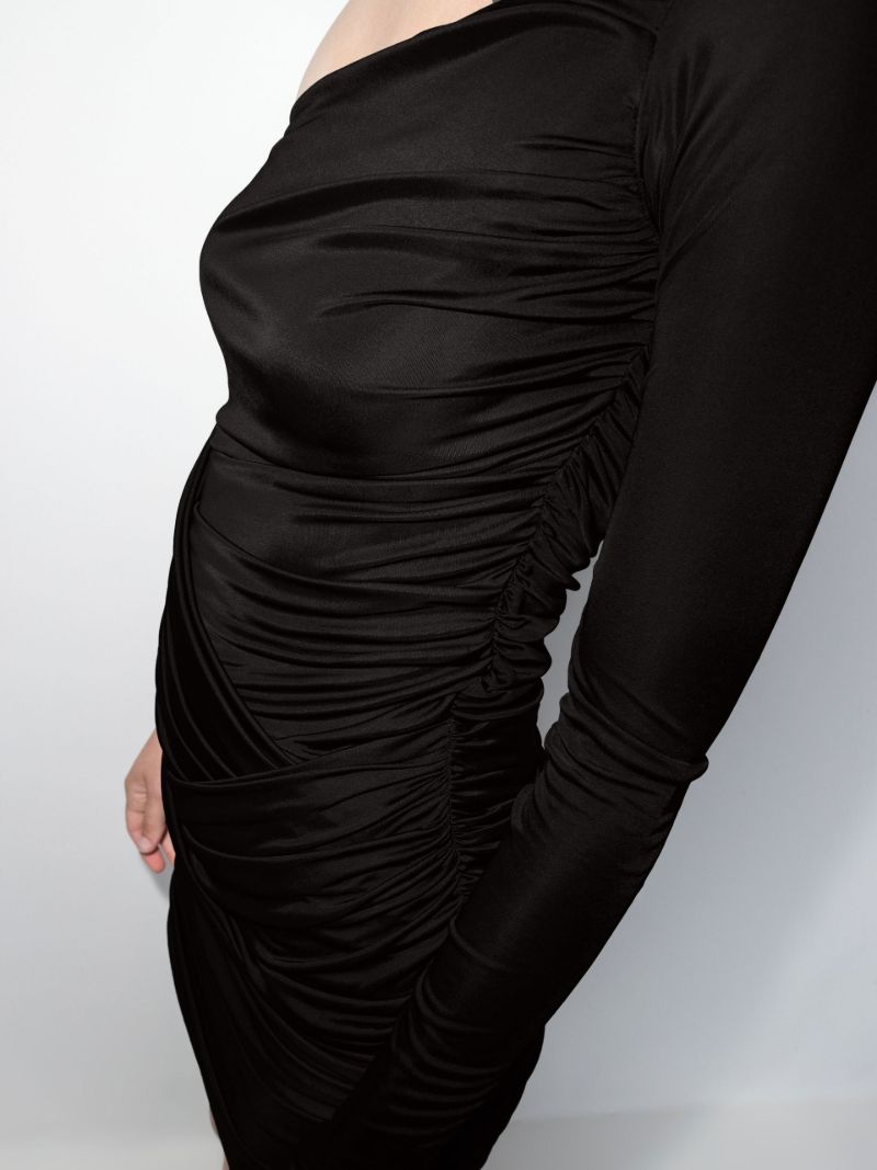 Black Valmeira Ruched One Shoulder Mini Dress