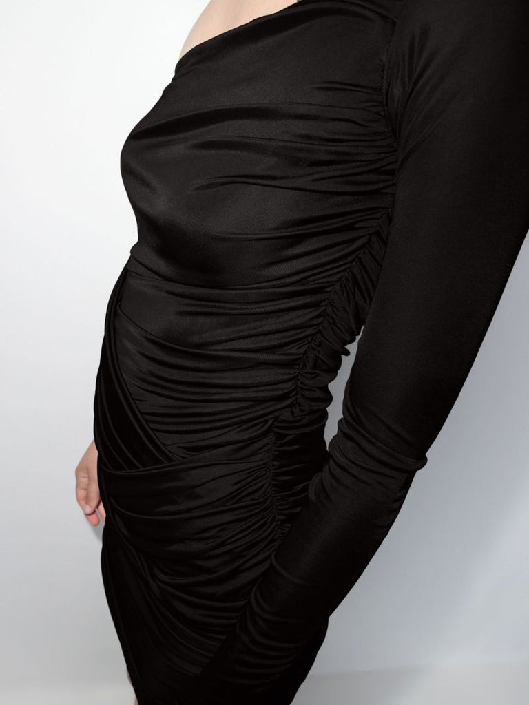 Black Valmeira Ruched One Shoulder Mini Dress