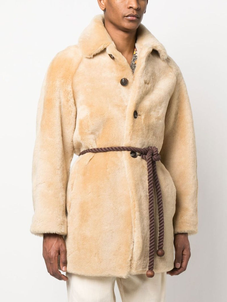 Neutral Belted Shearling Coat