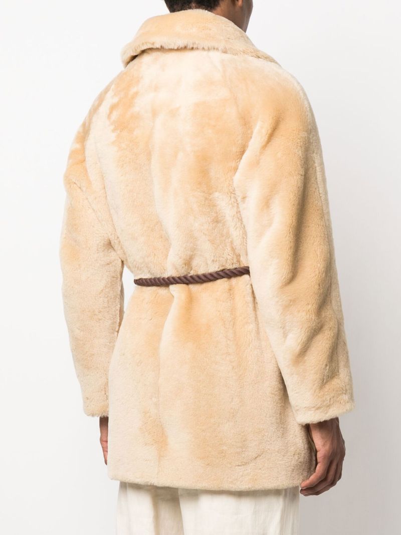 Neutral Belted Shearling Coat