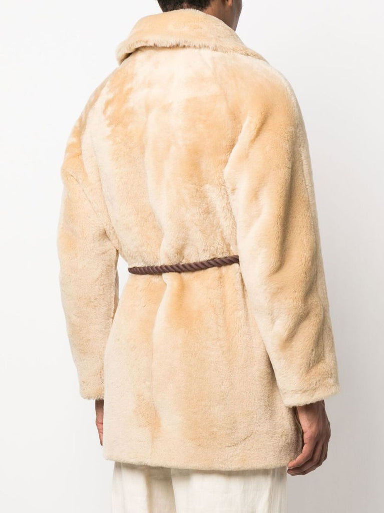 Neutral Belted Shearling Coat
