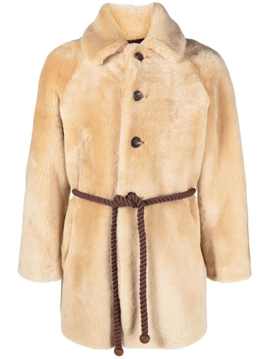 Neutral Belted Shearling Coat