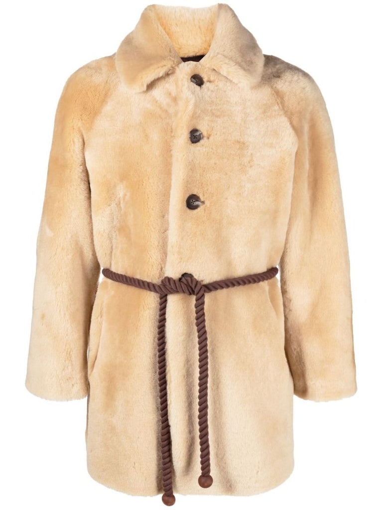 Neutral Belted Shearling Coat