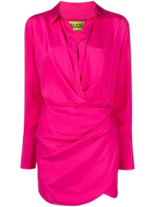 Pink Gathered Detail Silk Shirt Dress