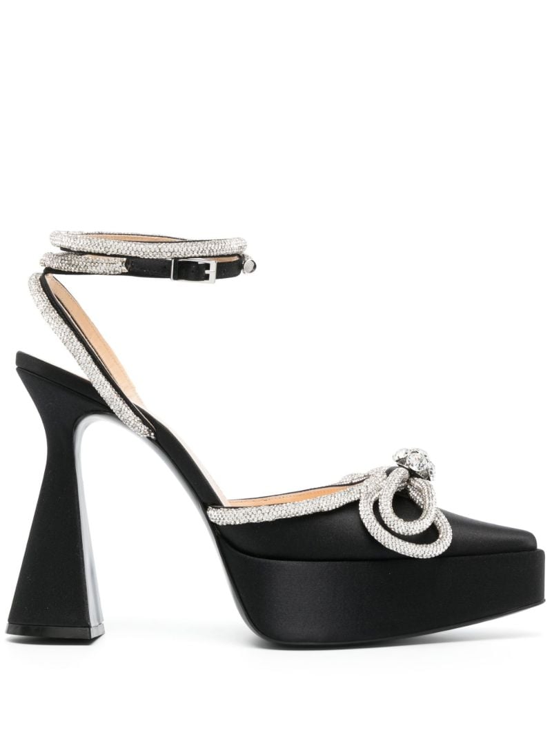 Black Double Bow 140 Crystal Satin Pumps