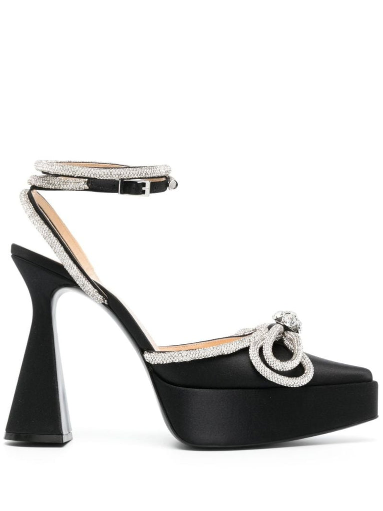 Black Double Bow 140 Crystal Satin Pumps