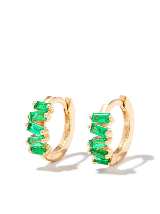 18kt Yellow Gold Bold Emerald Huggie Earrings