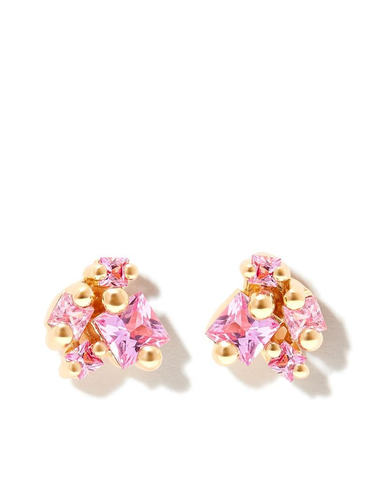 18kt Yellow Gold Princess Cluster Sapphire Stud Earrings