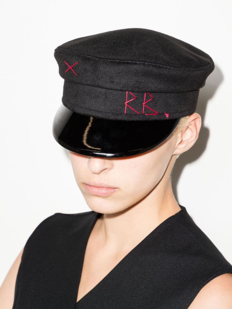 Black Monogram Embroidered Wool Baker Boy Hat