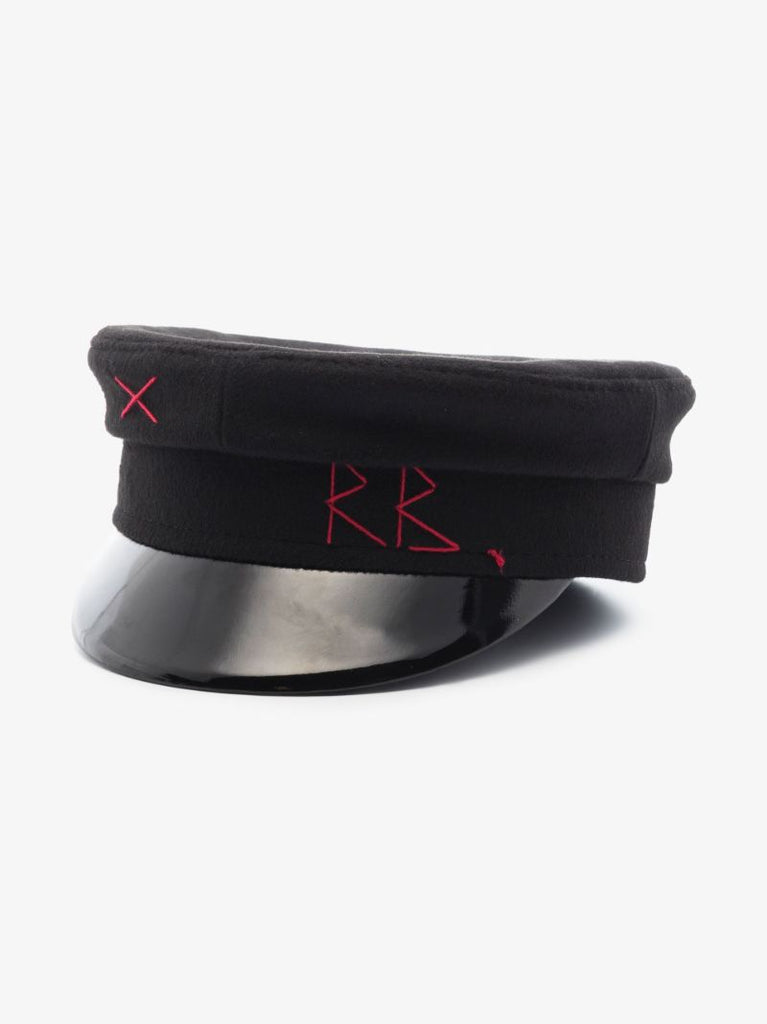 Black Monogram Embroidered Wool Baker Boy Hat