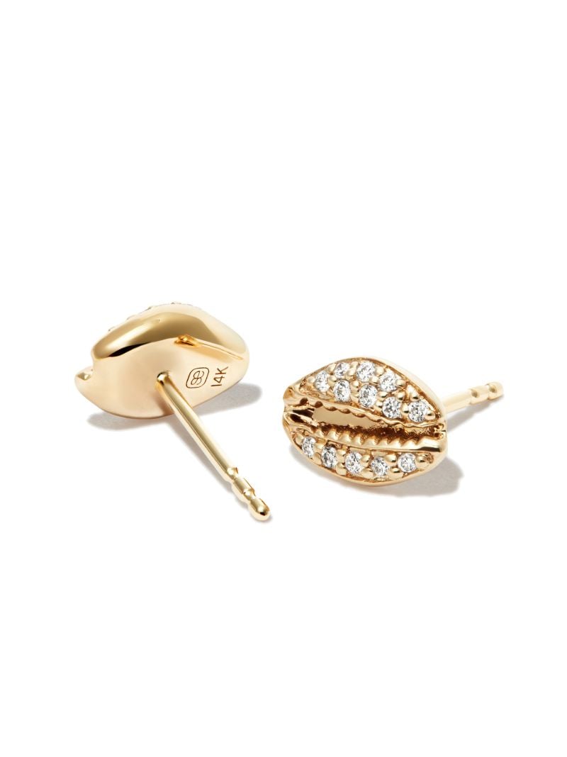 14k Yellow Gold Cowrie Diamond Stud Earrings