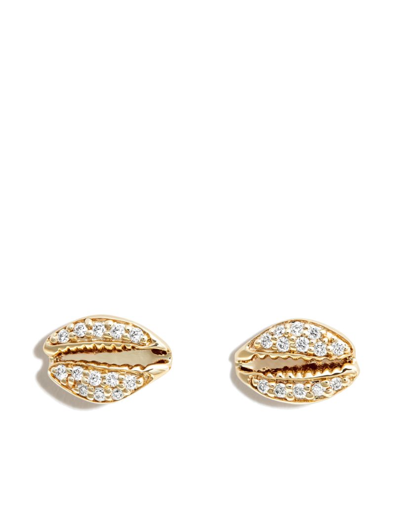 14k Yellow Gold Cowrie Diamond Stud Earrings